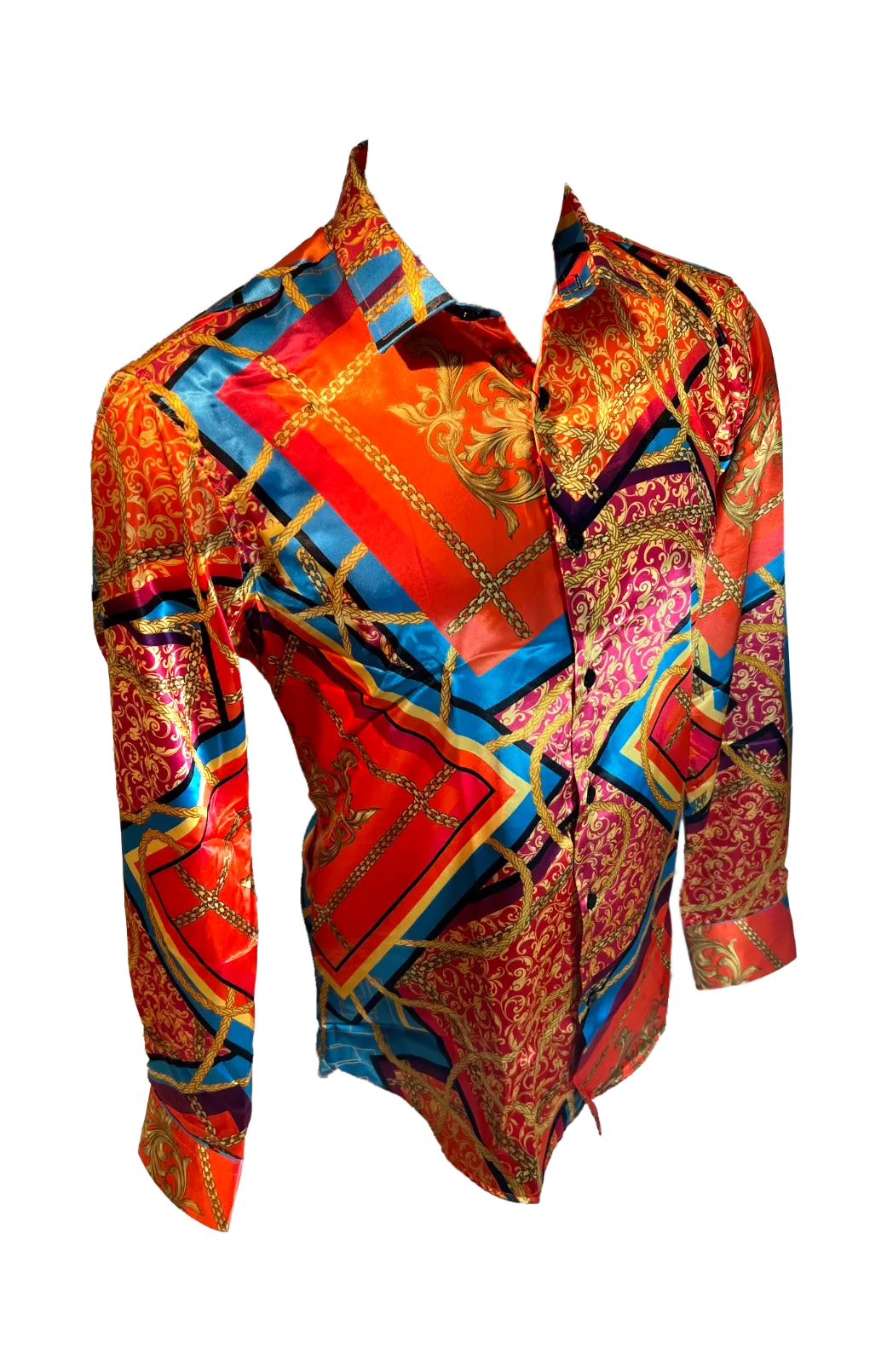 Men's Silky Long Sleeve Button Down Dress Shirt Orange Blue Colorful Leaf Rope Chain