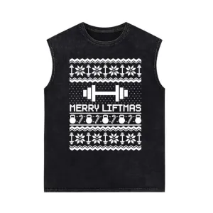Merry Liftmas Dumbbell Pattern Vintage Washed Vest Top