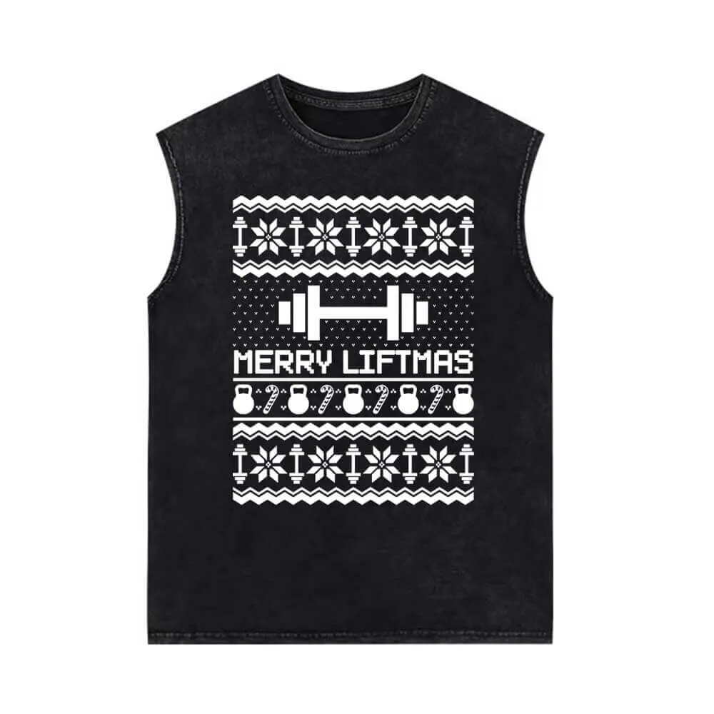 Merry Liftmas Dumbbell Pattern Vintage Washed Vest Top
