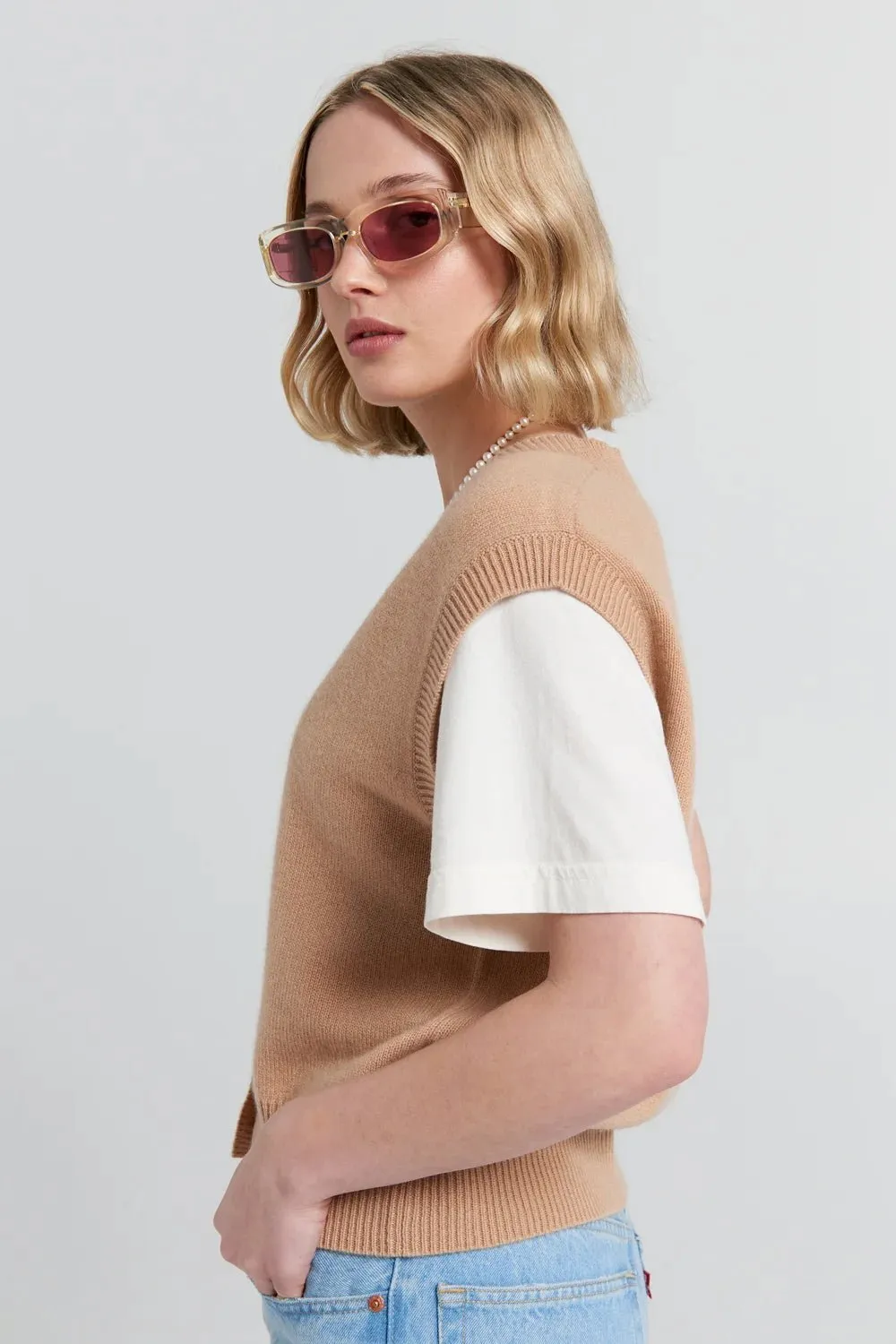 Mina Button Up Cashmere Vest | Camel