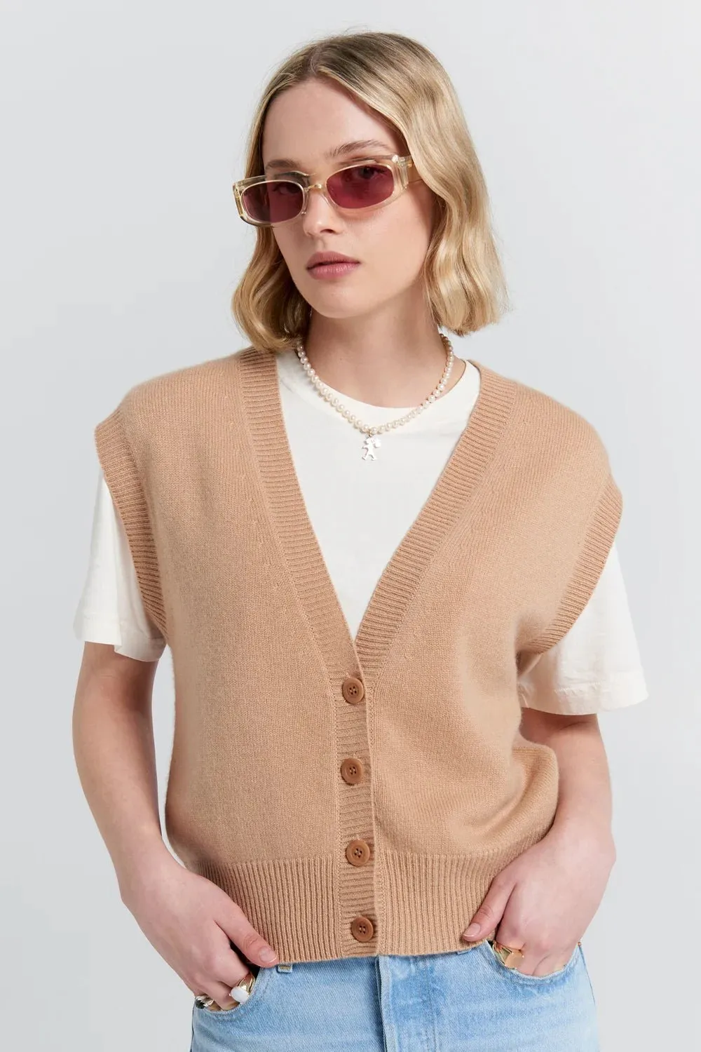Mina Button Up Cashmere Vest | Camel