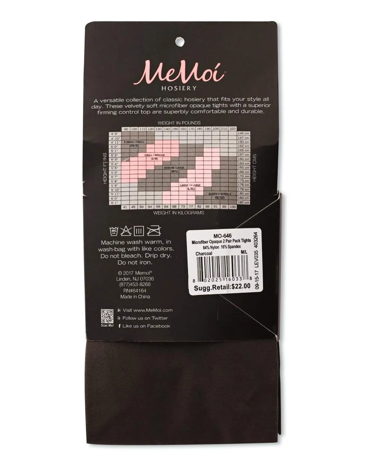 MO-646 MeMoi Perfectly Opaque Control Top Microfiber 2-Pair Pack Tights 60 Den Black