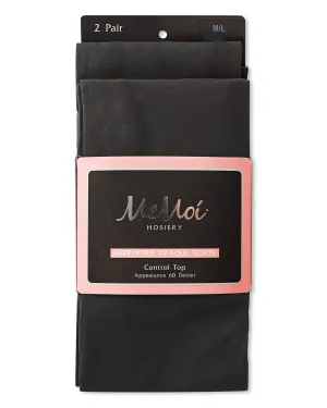 MO-646 MeMoi Perfectly Opaque Control Top Microfiber 2-Pair Pack Tights 60 Den Black