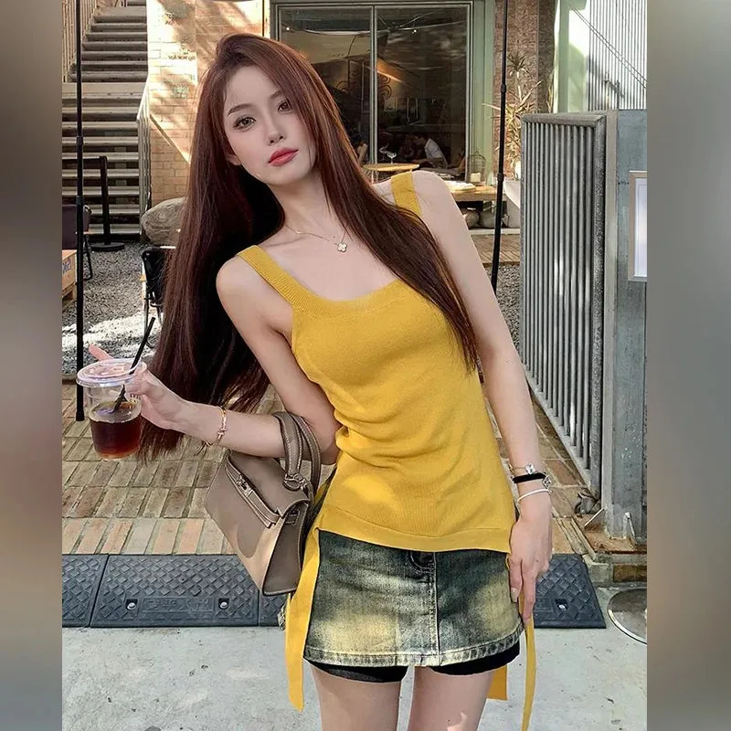 MQTIME  -  Spicy Girl Dopamine Wears Beach Sling, Knitted Sleeveless Vest, Women's Summer, Ginger, Yellow, Irregular Top, New, 2024
