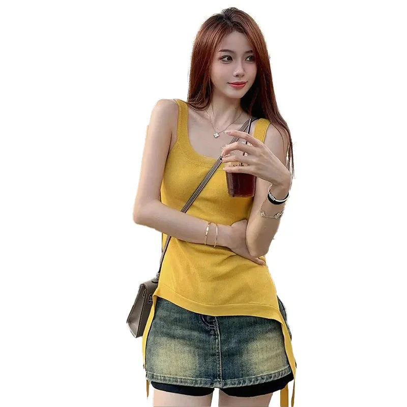 MQTIME  -  Spicy Girl Dopamine Wears Beach Sling, Knitted Sleeveless Vest, Women's Summer, Ginger, Yellow, Irregular Top, New, 2024