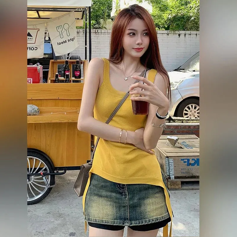 MQTIME  -  Spicy Girl Dopamine Wears Beach Sling, Knitted Sleeveless Vest, Women's Summer, Ginger, Yellow, Irregular Top, New, 2024