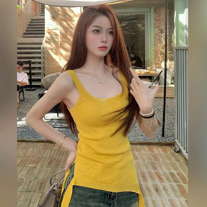 MQTIME  -  Spicy Girl Dopamine Wears Beach Sling, Knitted Sleeveless Vest, Women's Summer, Ginger, Yellow, Irregular Top, New, 2024