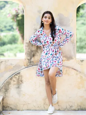 Multi Print Evil Eye Shirt Dress With Belt