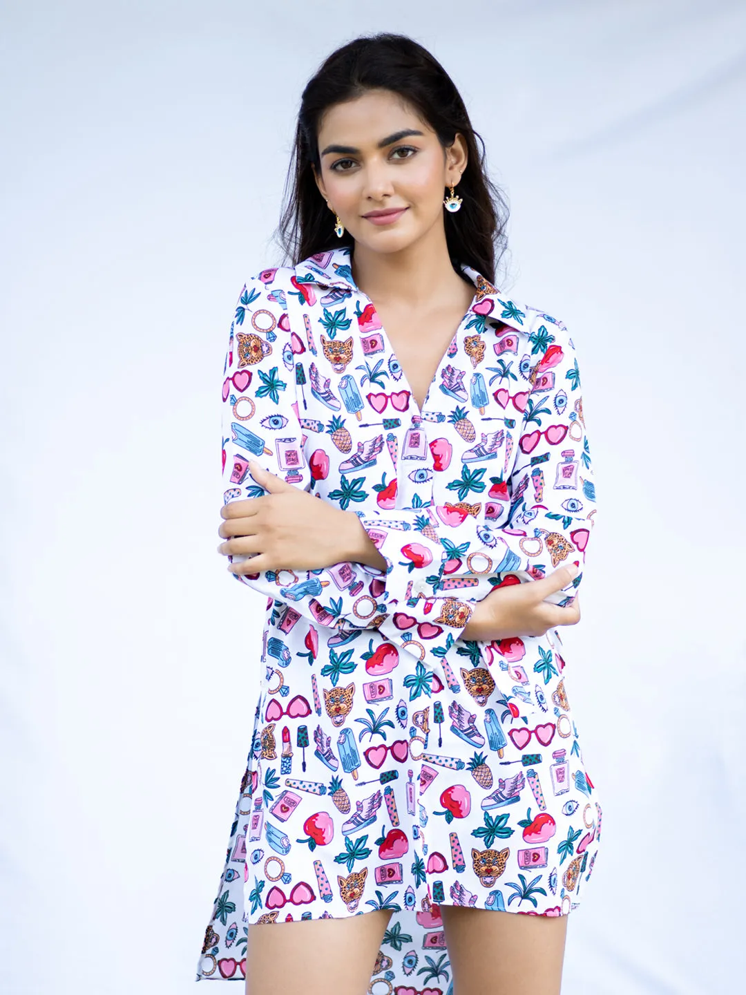 Multi Print Evil Eye Shirt Dress With Belt