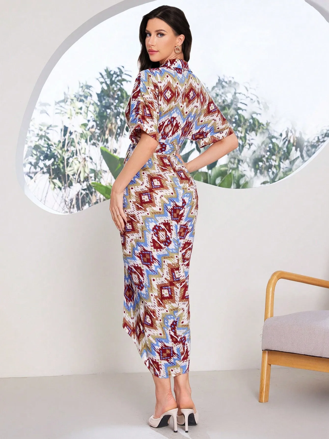 Mulvari Women Geometric Pattern Shirt Dress, Perfect For Summer Music Festivals