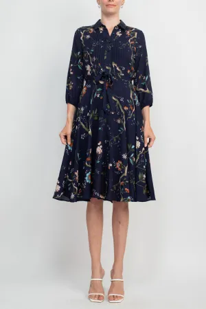 Nanette Lepore Collared 3/4 Sleeve Tie Waist Pleated Floral Rayon Dress