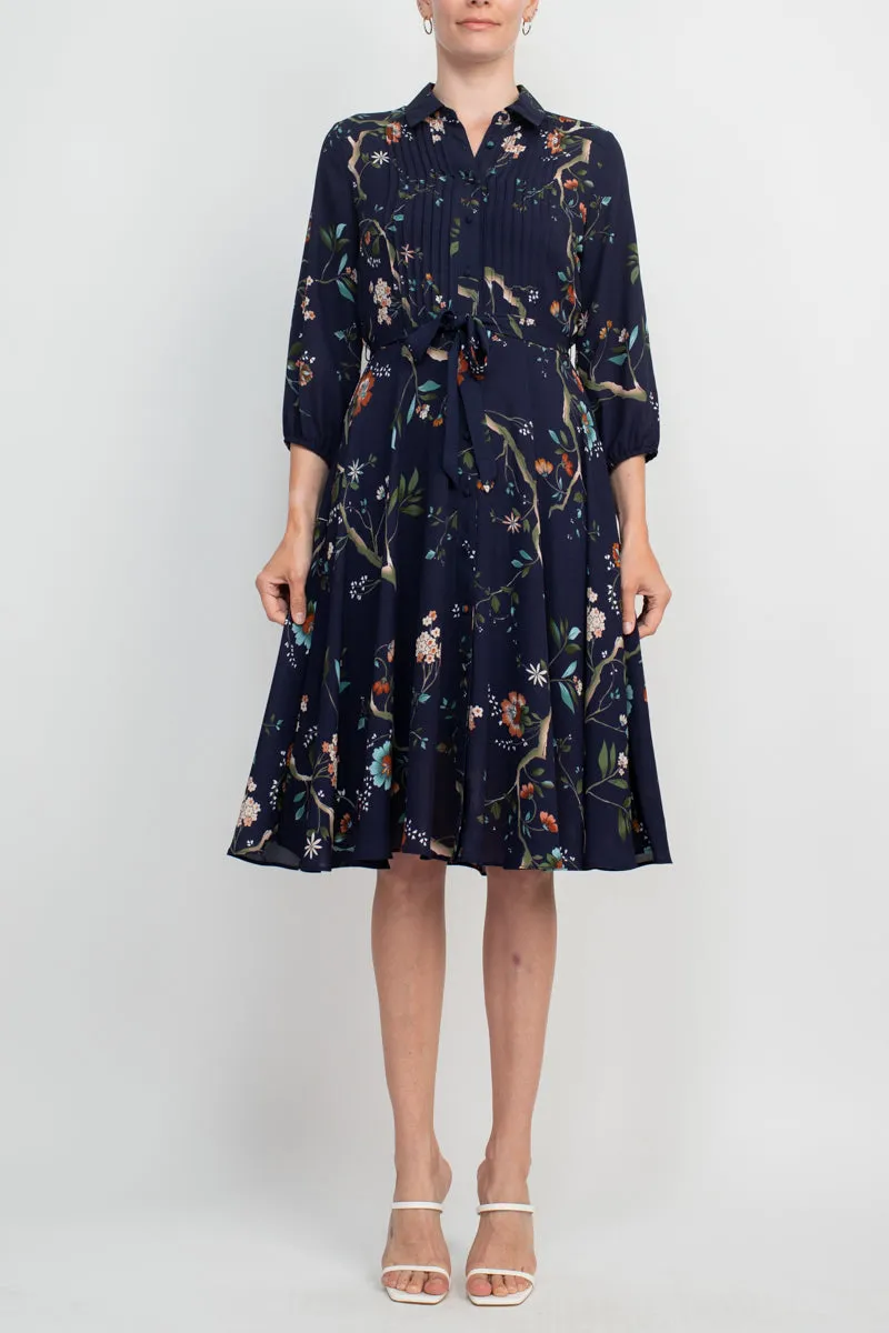 Nanette Lepore Collared 3/4 Sleeve Tie Waist Pleated Floral Rayon Dress