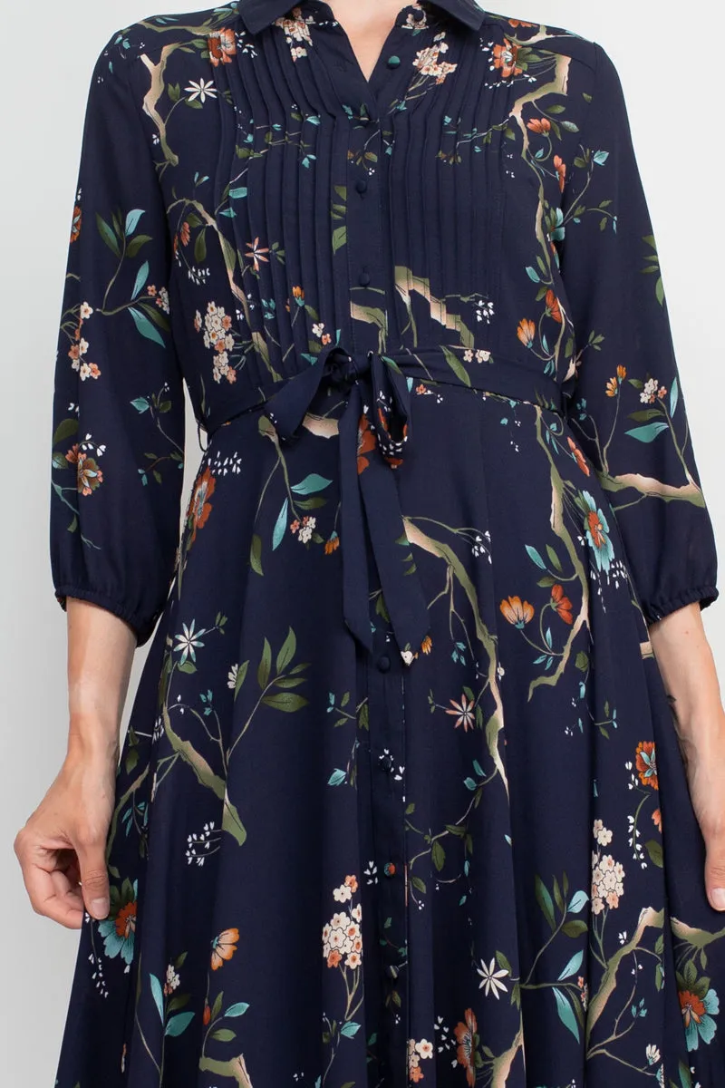 Nanette Lepore Collared 3/4 Sleeve Tie Waist Pleated Floral Rayon Dress