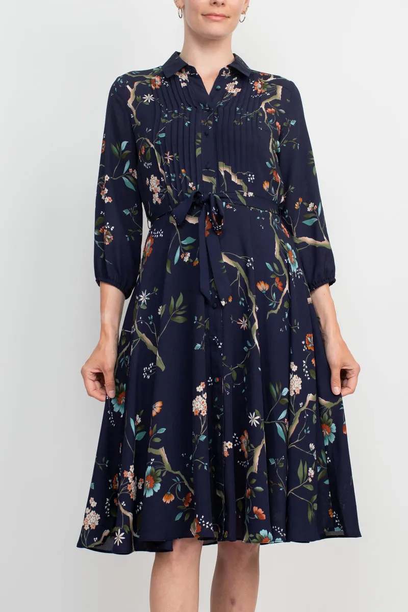 Nanette Lepore Collared 3/4 Sleeve Tie Waist Pleated Floral Rayon Dress