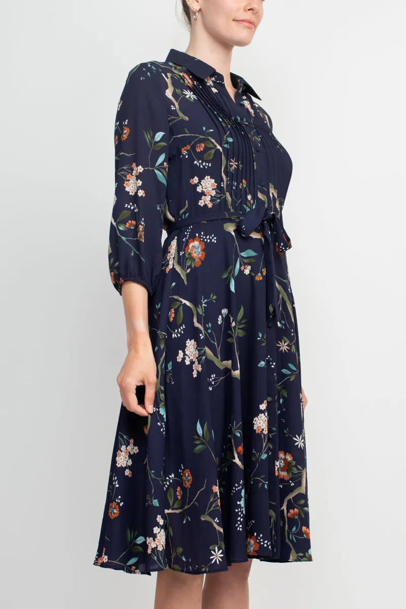 Nanette Lepore Collared 3/4 Sleeve Tie Waist Pleated Floral Rayon Dress
