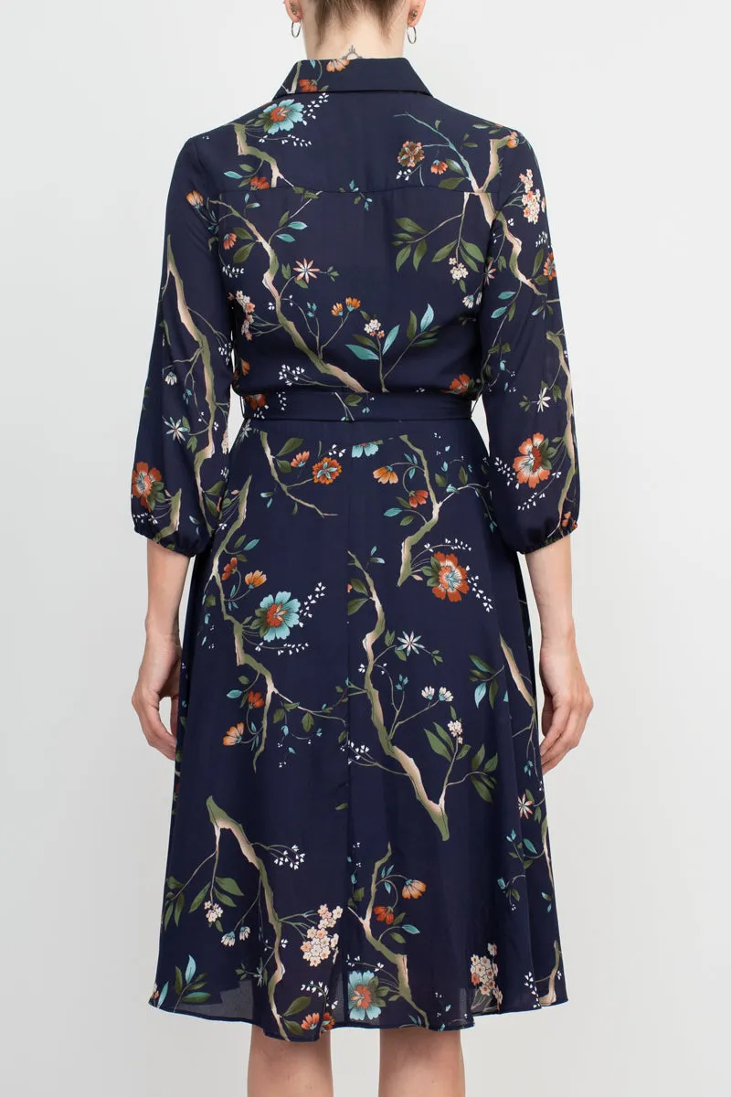 Nanette Lepore Collared 3/4 Sleeve Tie Waist Pleated Floral Rayon Dress