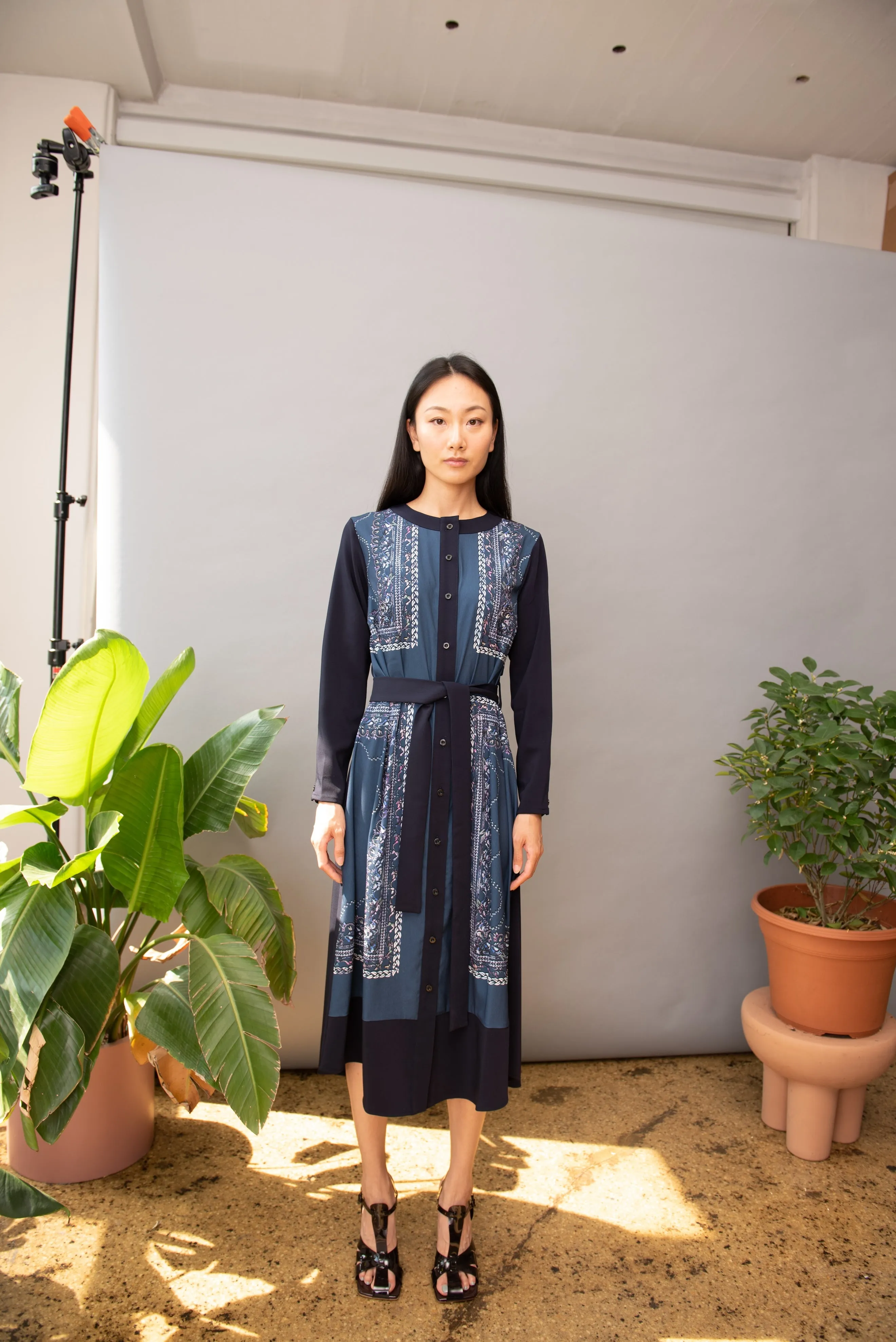 Navy Monet Long Sleeve Midi Dress