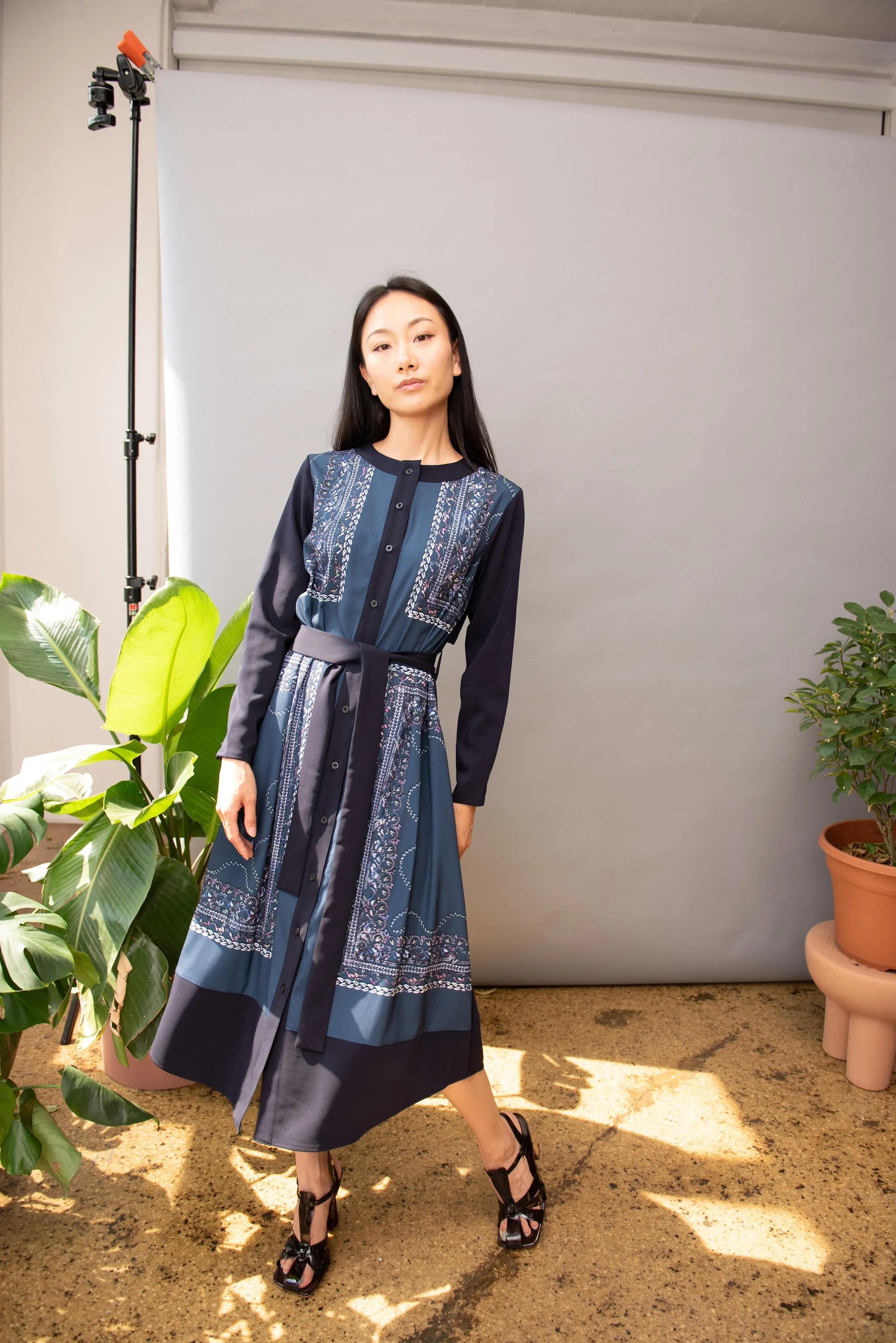 Navy Monet Long Sleeve Midi Dress