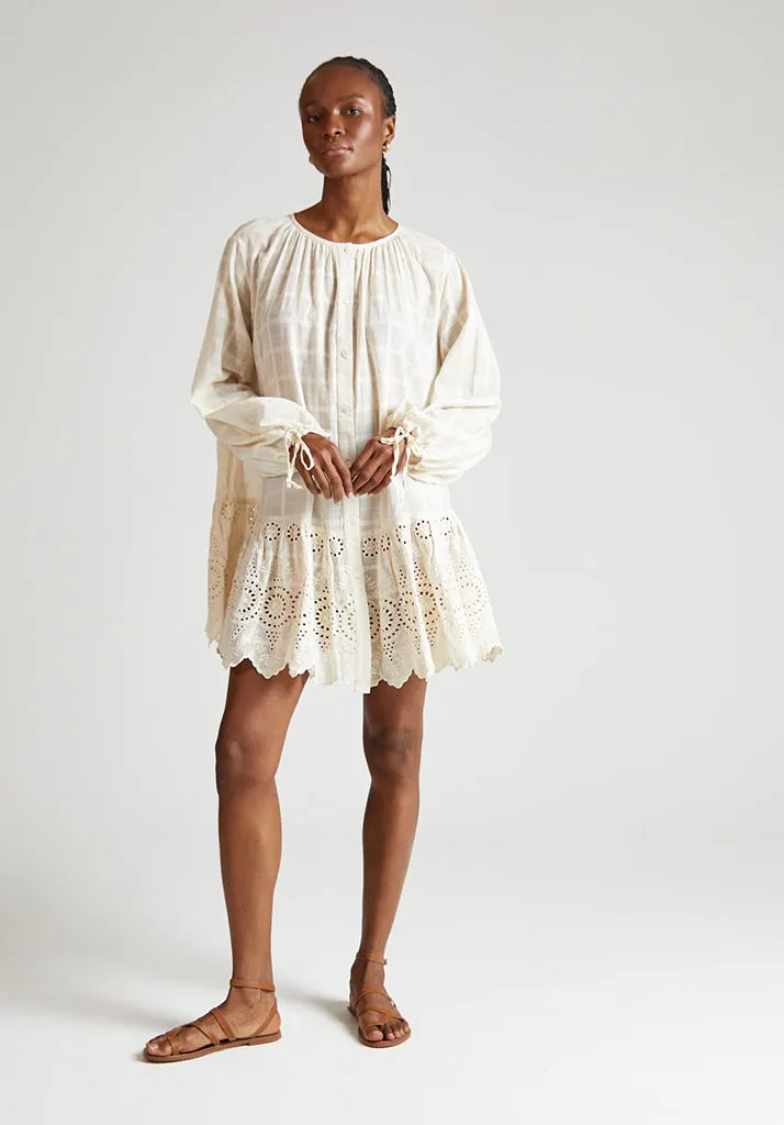 Olivia Button Down Embroidered Mini Dress In Cream