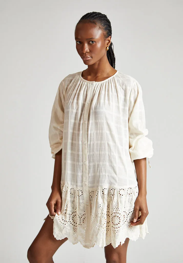 Olivia Button Down Embroidered Mini Dress In Cream