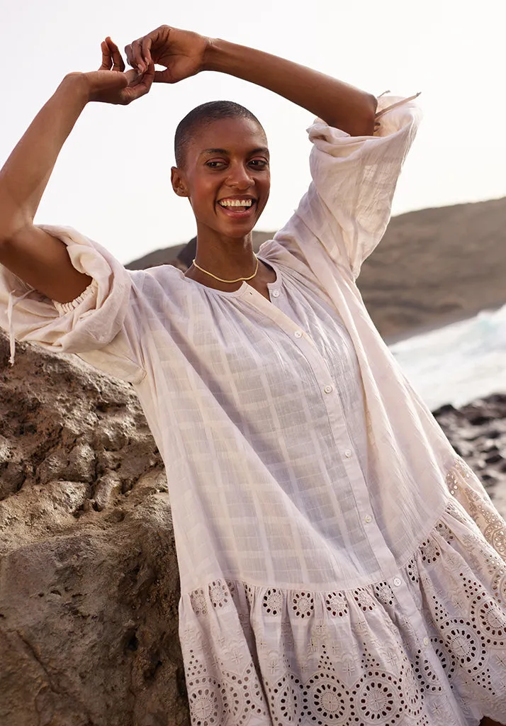 Olivia Button Down Embroidered Mini Dress In Cream