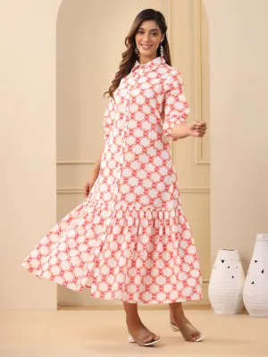 Orange Ikat Printed Tiered Cotton Dress