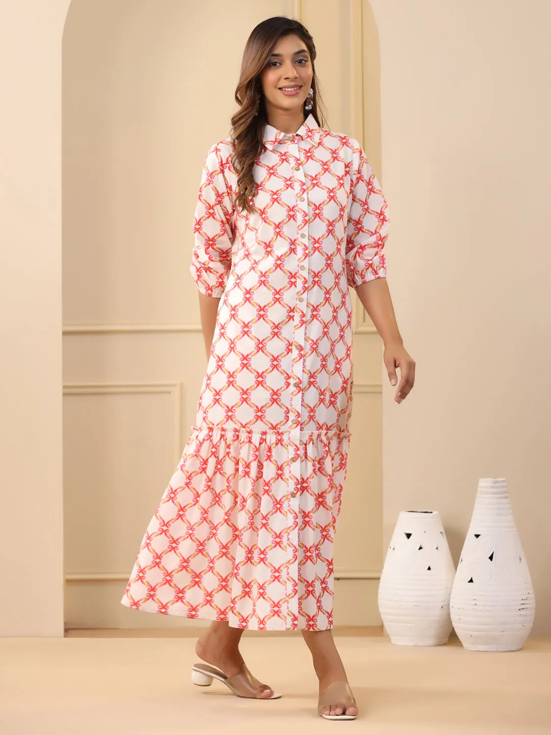 Orange Ikat Printed Tiered Cotton Dress