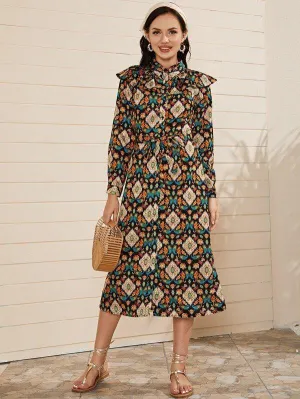 Paisley Print Ruffle Trim Belted Shirt Dress