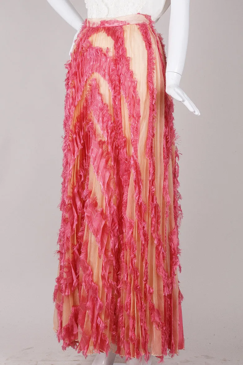 Peach and Pink Fringed Trim Pleated Maxi Skirt