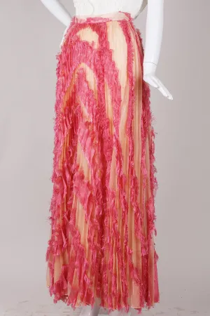 Peach and Pink Fringed Trim Pleated Maxi Skirt