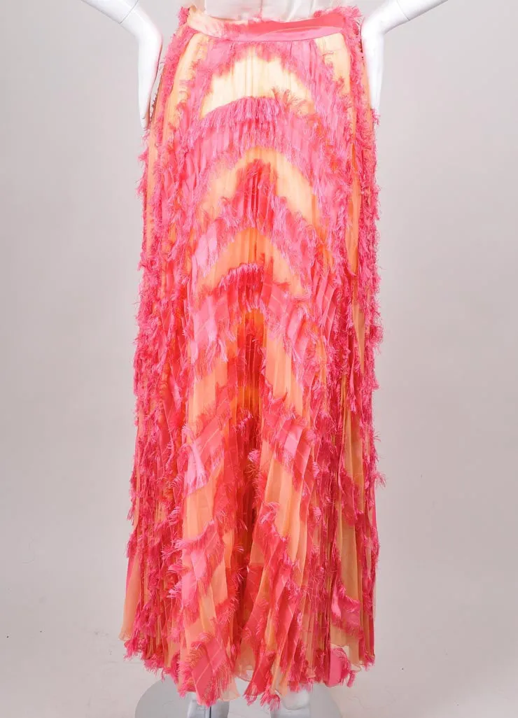 Peach and Pink Fringed Trim Pleated Maxi Skirt
