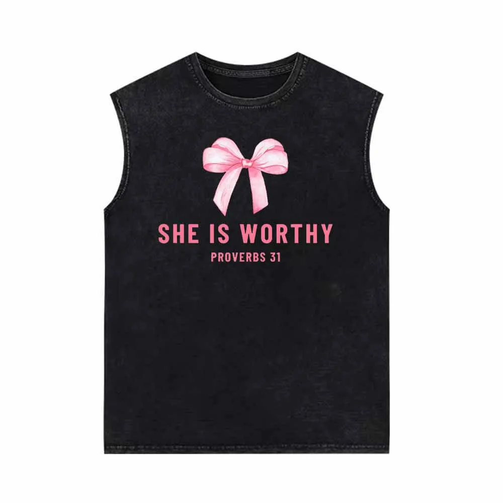 Pink Bow She is Worthy Vintage Washed Vest Top