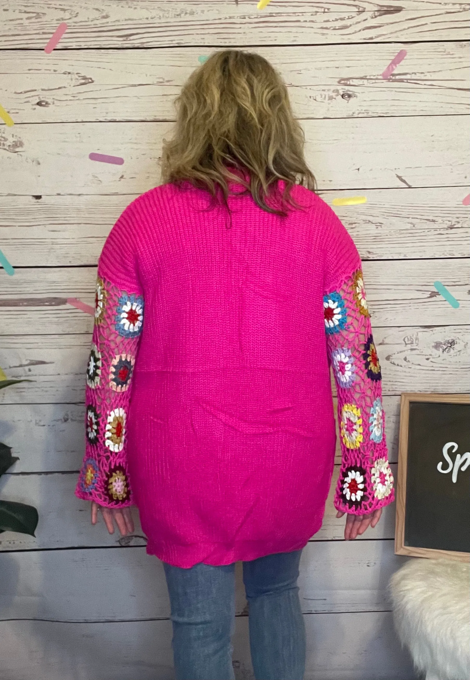 Pink Crochet Sleeve Cardigan