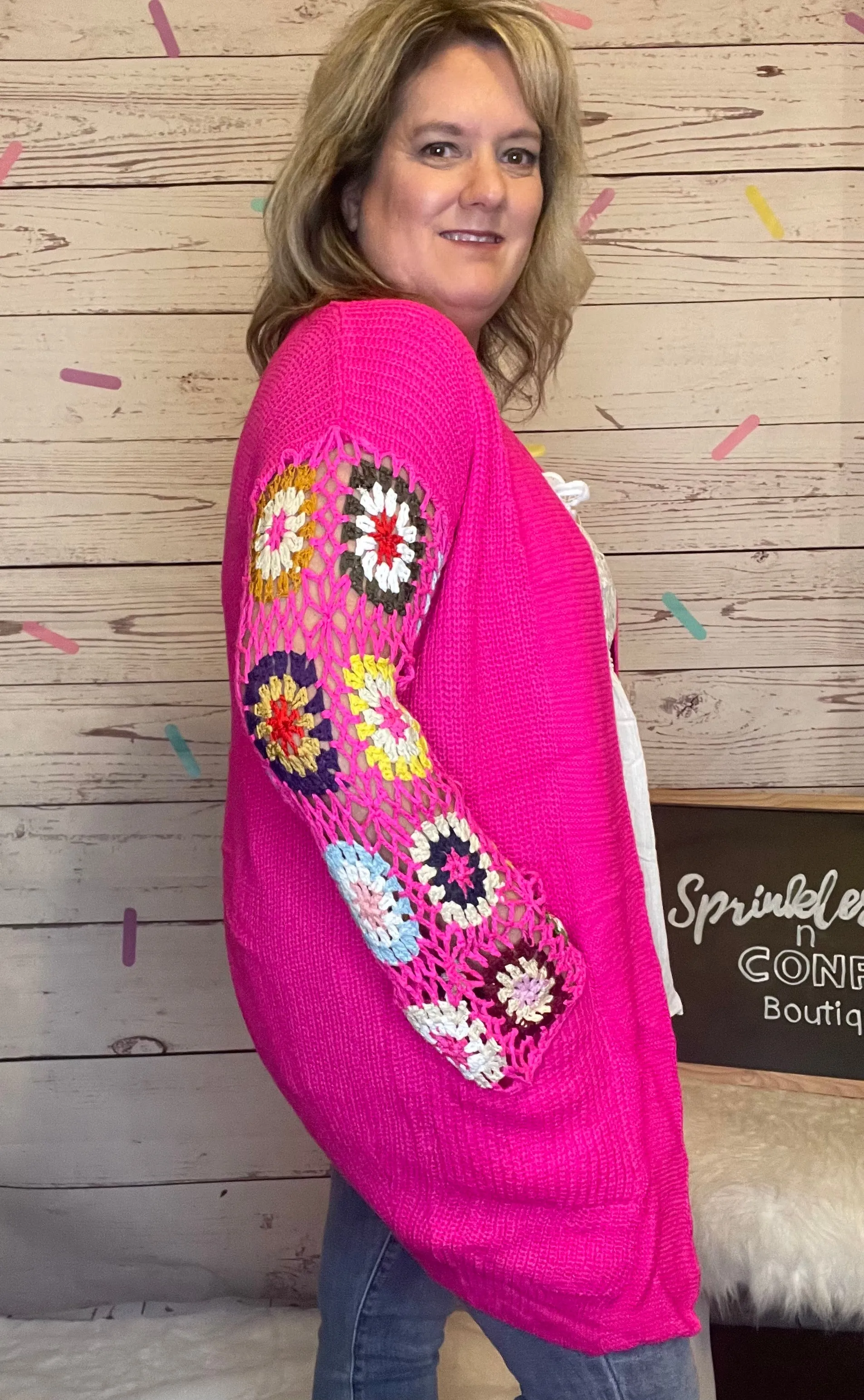 Pink Crochet Sleeve Cardigan