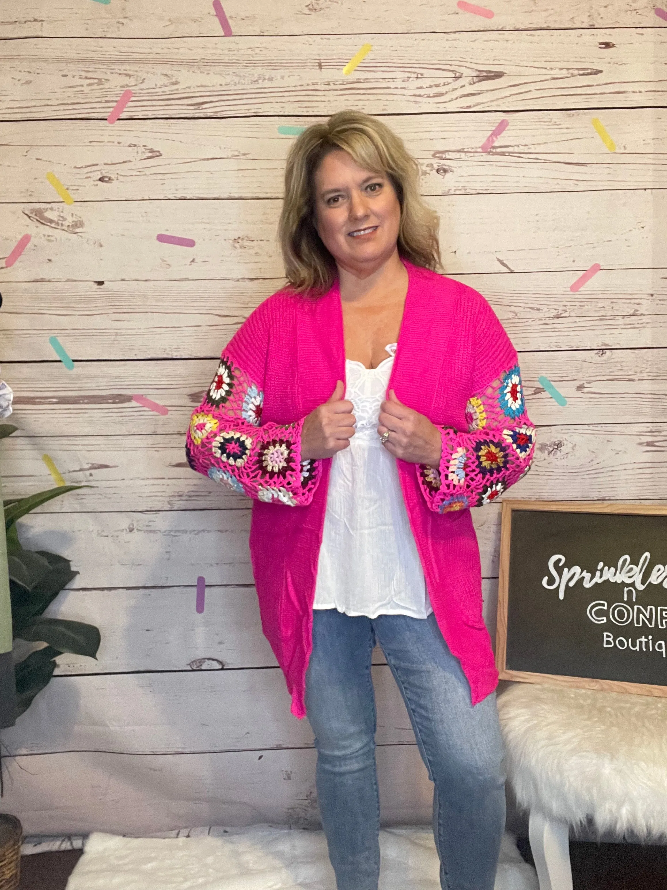 Pink Crochet Sleeve Cardigan