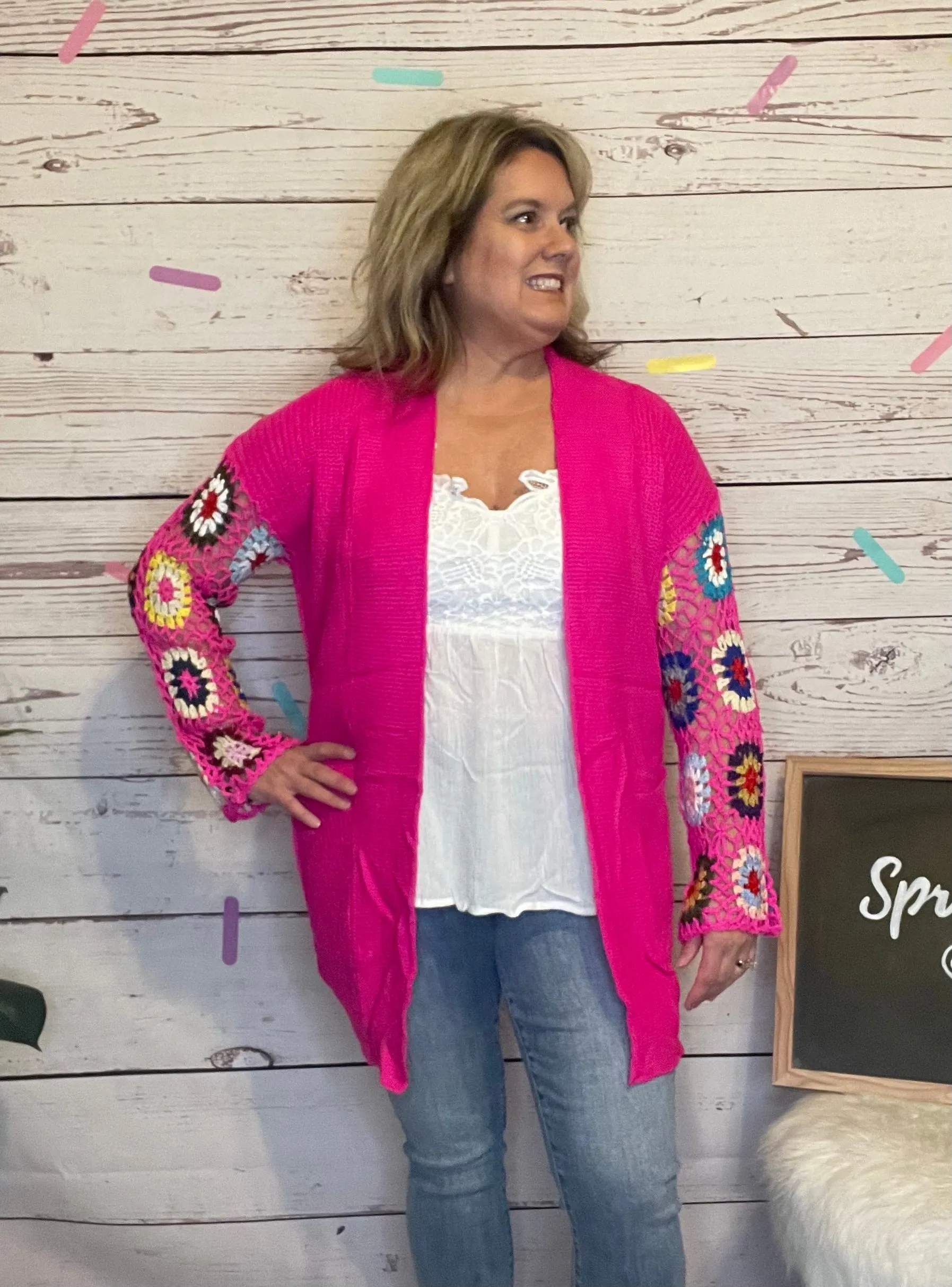 Pink Crochet Sleeve Cardigan