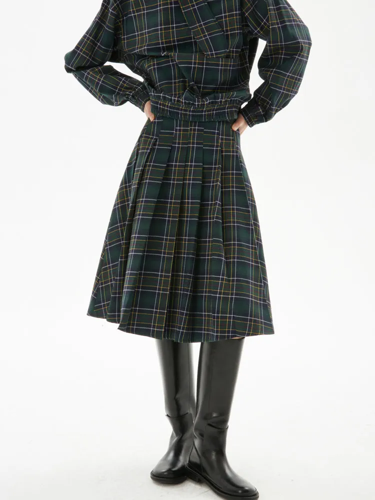 Plaid Pocket Top & Pleated Skirt