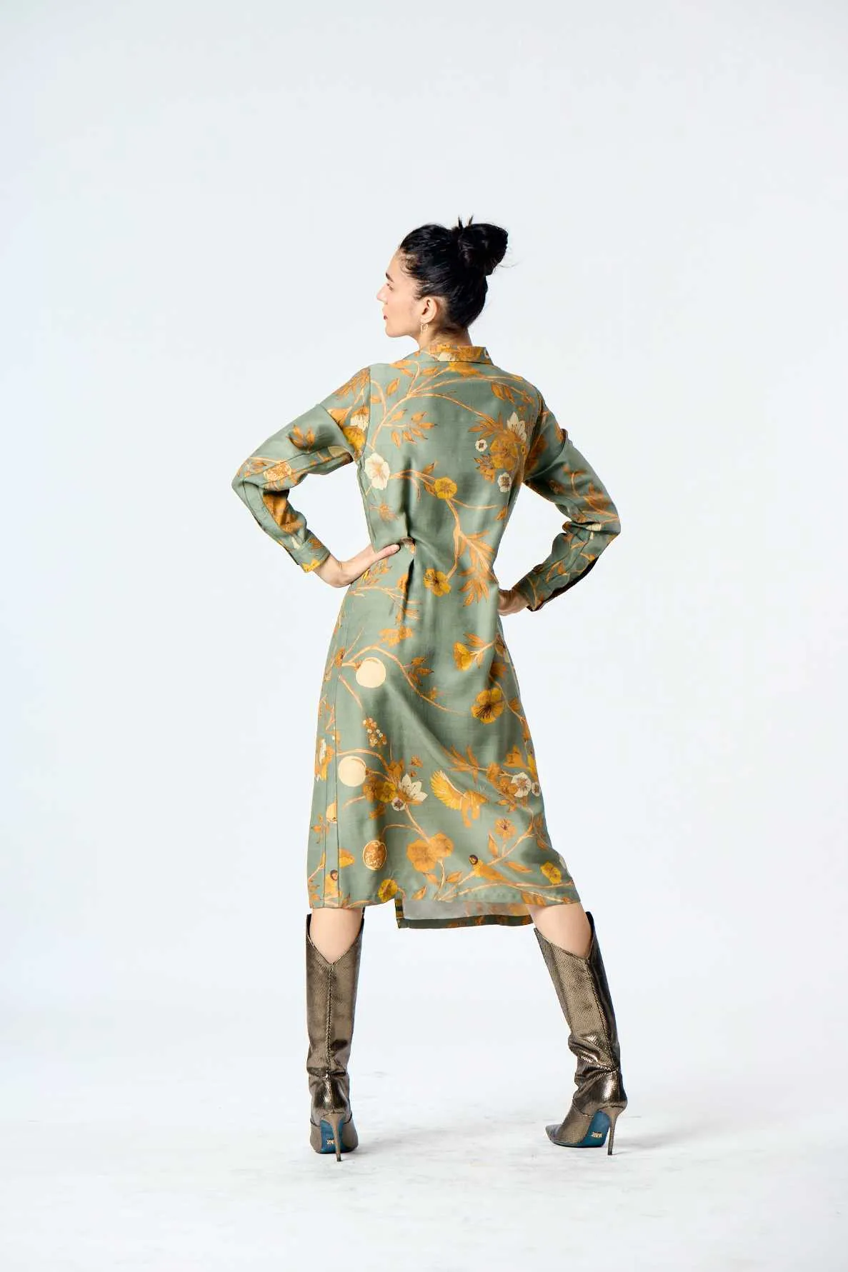 Pleated Dress Muga Satin Sage