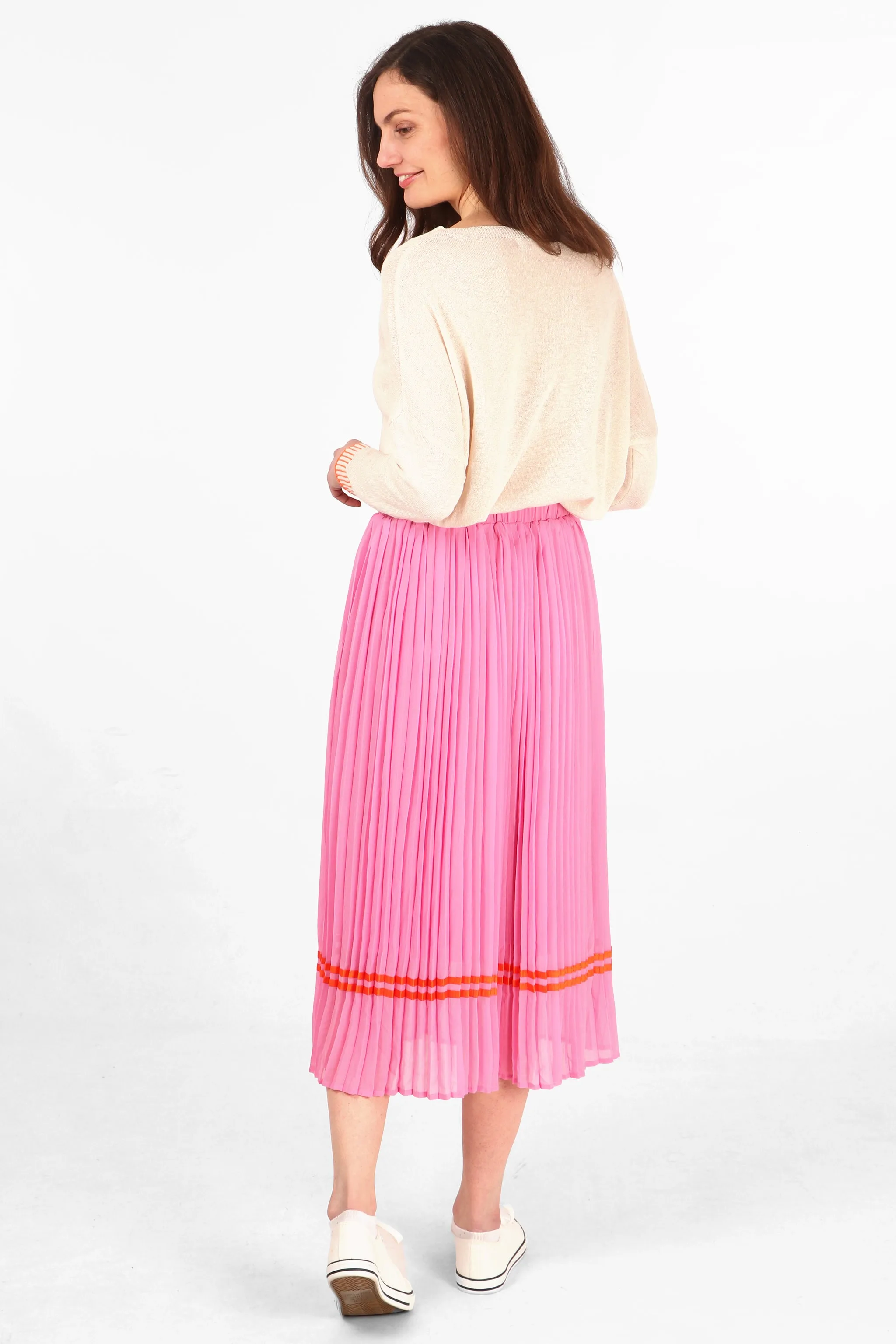 Pleated Midi Skirt with Orange Ribbon Trim in Hot Pink