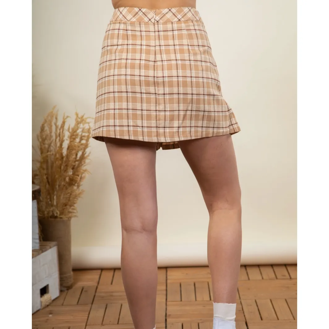 Pleated Plaid Tan Mini Skirt