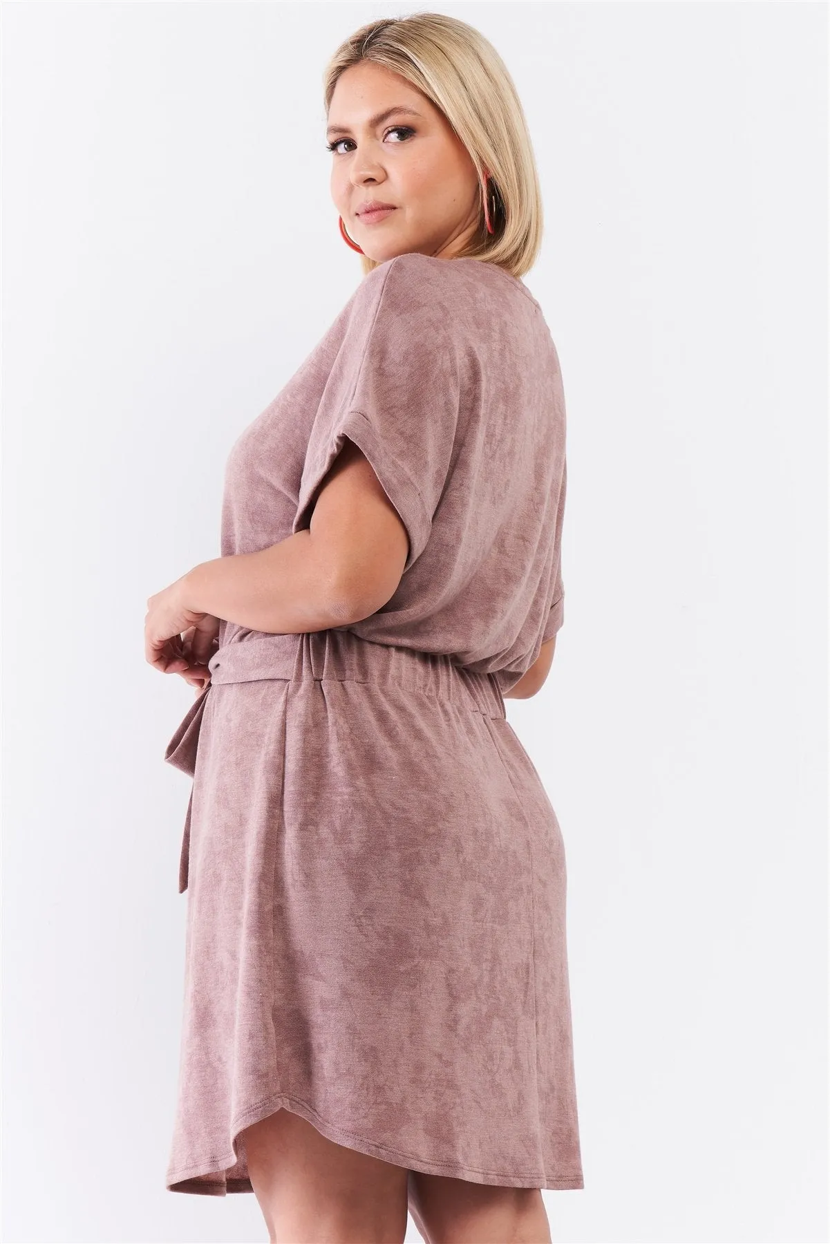 Plus Size  Acid Wash Print Self-tie Waist Mini Shirt Dress