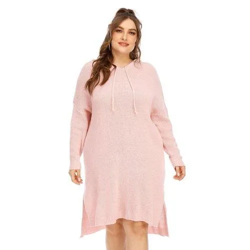 Plus Size Hooded Sweater Long Sleeve Side Split Shirt Dress