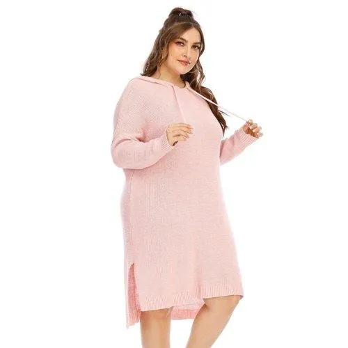 Plus Size Hooded Sweater Long Sleeve Side Split Shirt Dress