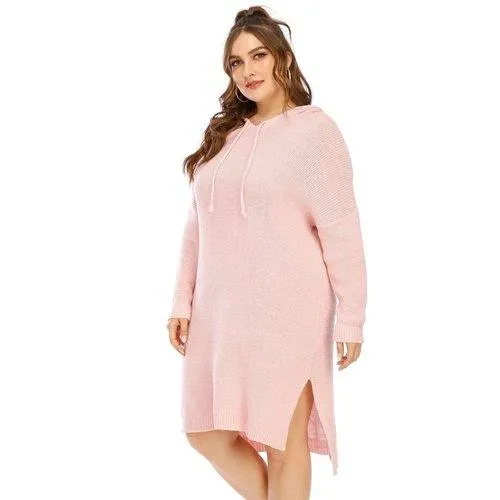Plus Size Hooded Sweater Long Sleeve Side Split Shirt Dress