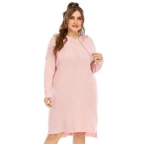 Plus Size Hooded Sweater Long Sleeve Side Split Shirt Dress