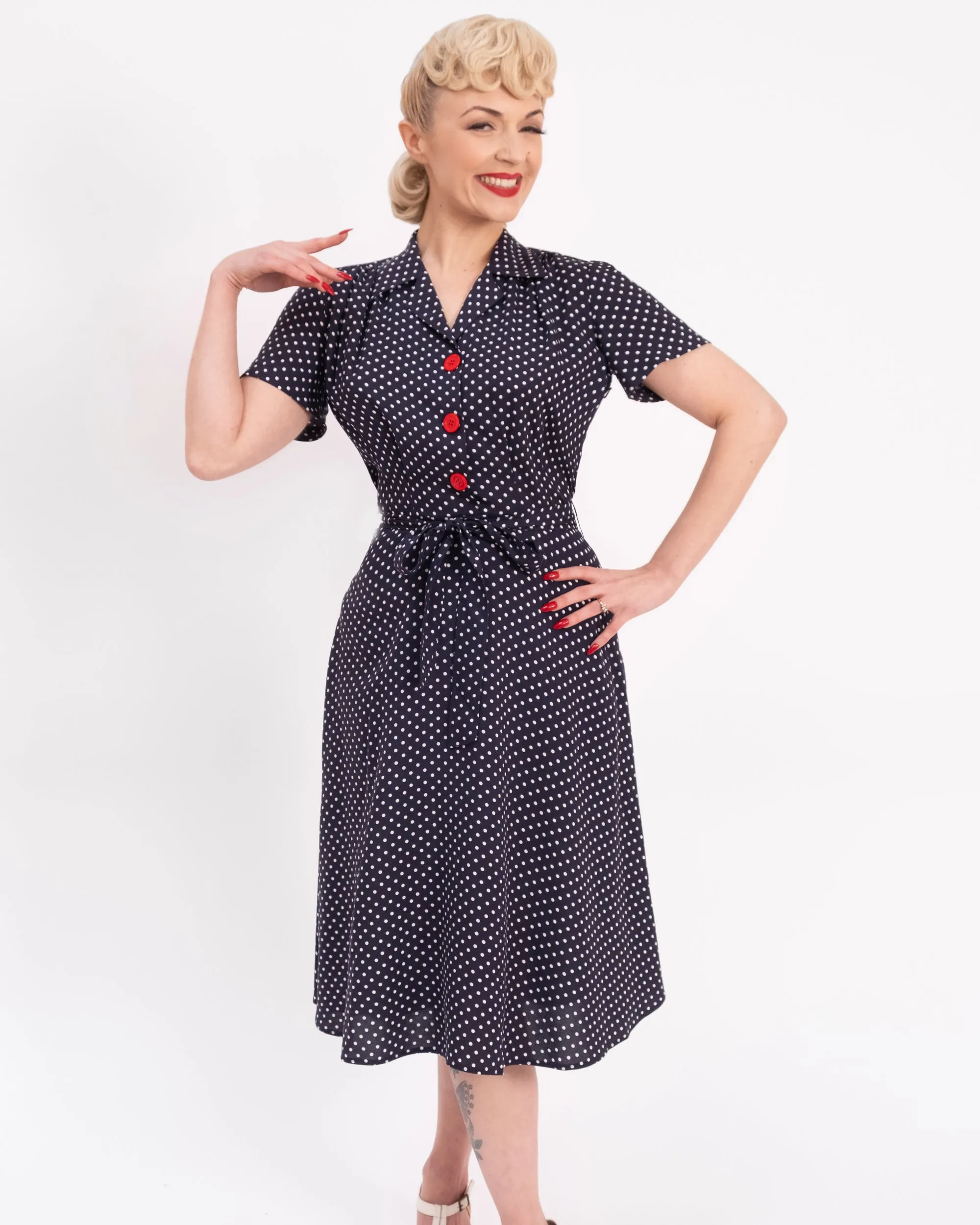 Pretty Retro 40s Shirt Dress - Navy Polka