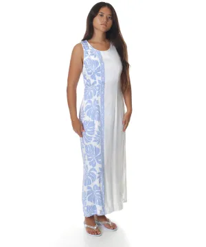 Prince Kuhio Long Maxi Hawaiian Dress White Blue