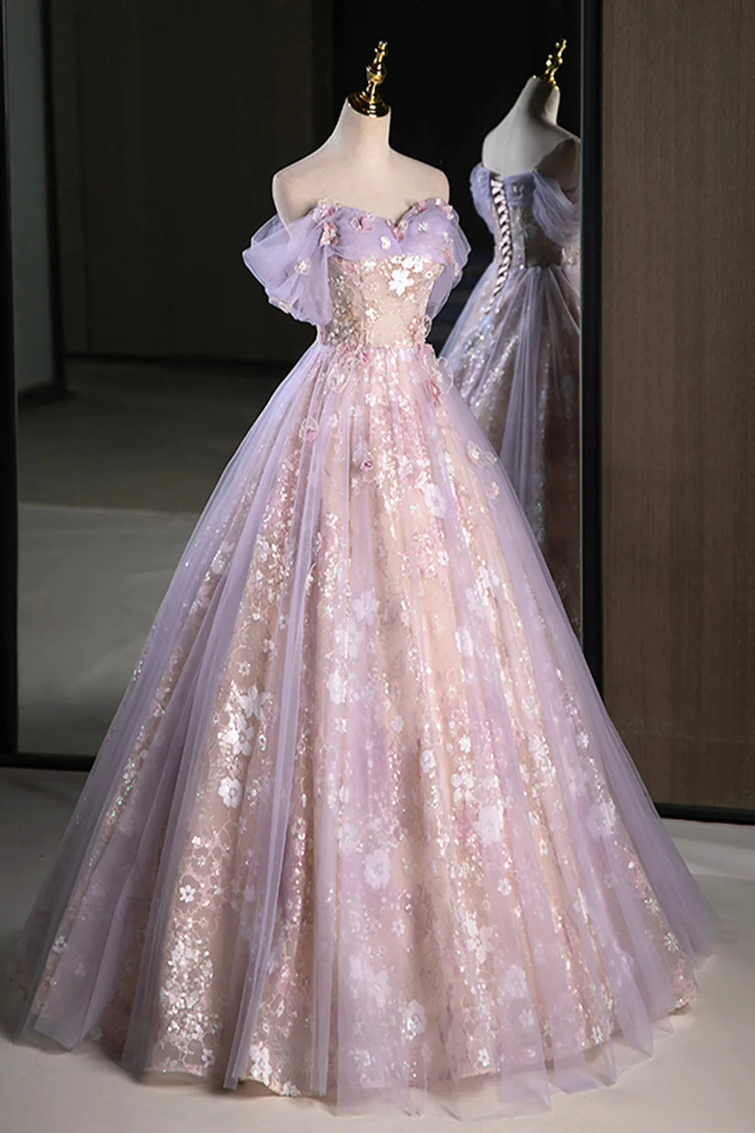 Purple A-Line Off the Shoulder Sequins Prom Dress, Lovely Tulle Corset Floor Length Evening Dress