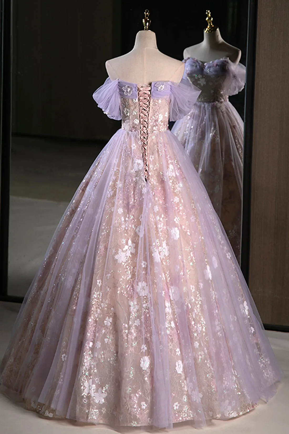Purple A-Line Off the Shoulder Sequins Prom Dress, Lovely Tulle Corset Floor Length Evening Dress