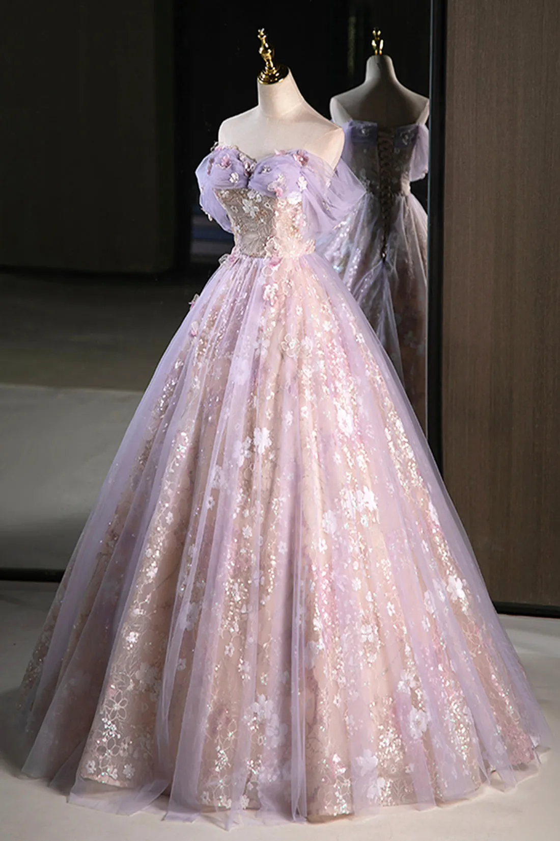 Purple A-Line Off the Shoulder Sequins Prom Dress, Lovely Tulle Corset Floor Length Evening Dress